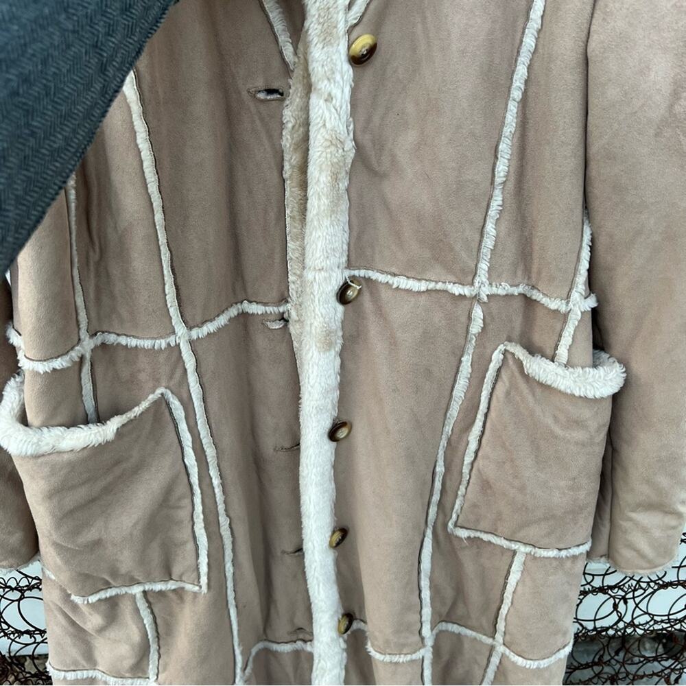 Big Chill Faux Shearling Leather Patchwork Penny Lane Full Length Trench Coat - Picture 3 of 5